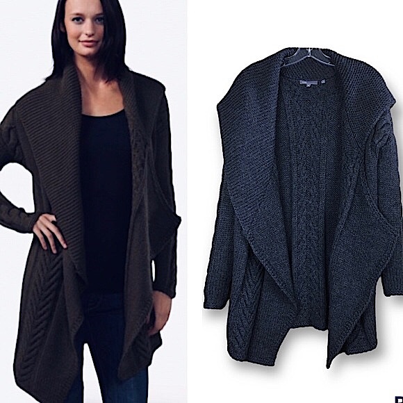 VINCE. Charcoal Gray Asymmetrical  Open Front Cardigan Sweater Cable Knit Sz XS - Picture 1 of 9